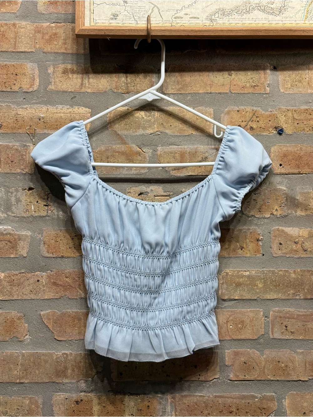 Wilfred Light Blue Smocked Puff Sleeve Crop Top
